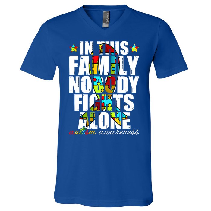 Autism Awareness Month Family Support Mom Son Daughter Gift V-Neck T-Shirt