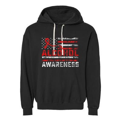 Alcohol Awareness Month American Flag Red Ribbon Garment-Dyed Fleece Hoodie