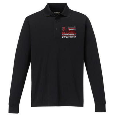 Alcohol Awareness Month American Flag Red Ribbon Performance Long Sleeve Polo