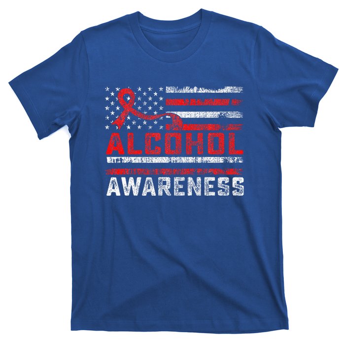 Alcohol Awareness Month American Flag Red Ribbon T-Shirt