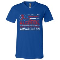 Alcohol Awareness Month American Flag Red Ribbon V-Neck T-Shirt