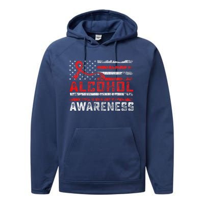 Alcohol Awareness Month American Flag Red Ribbon Performance Fleece Hoodie