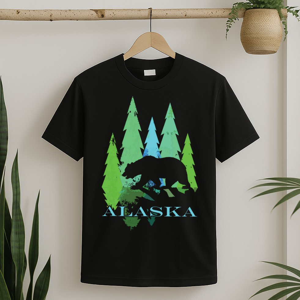 Alaska Alaskan Northern Light Trees With Bear T-Shirt