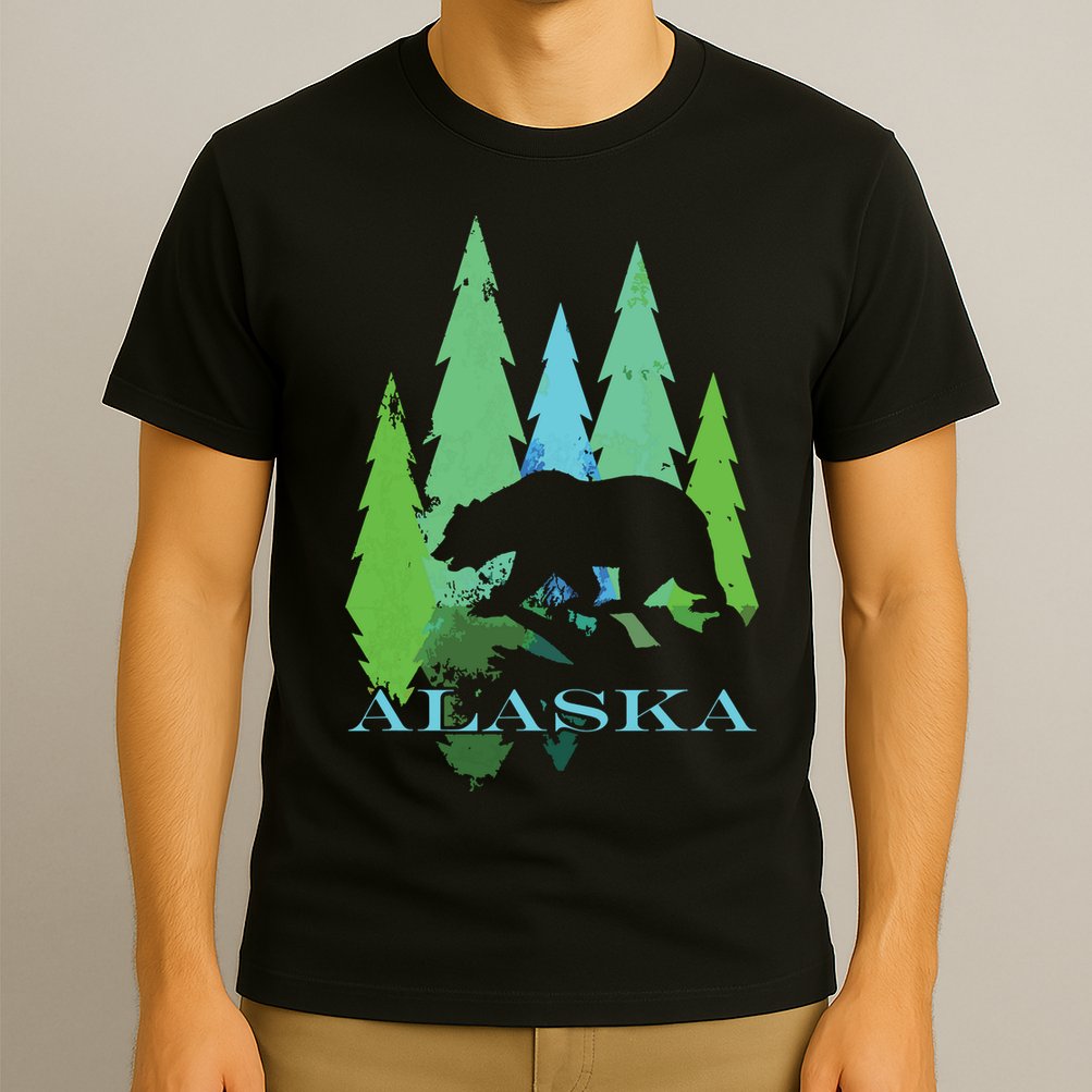 Alaska Alaskan Northern Light Trees With Bear T-Shirt