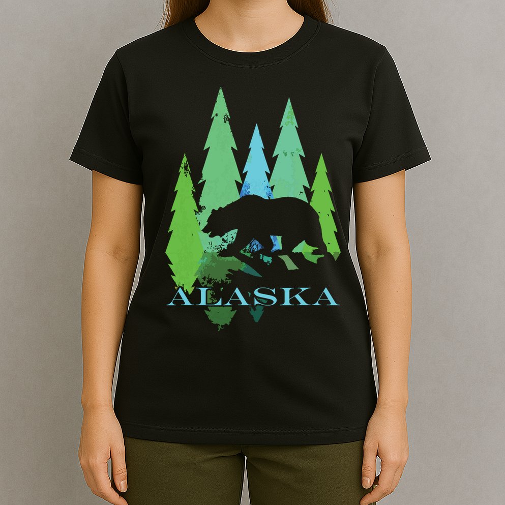 Alaska Alaskan Northern Light Trees With Bear T-Shirt