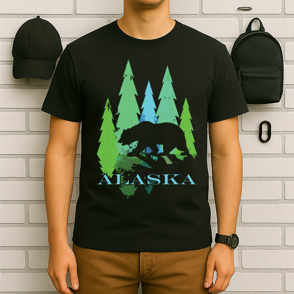 Alaska Alaskan Northern Light Trees With Bear T-Shirt