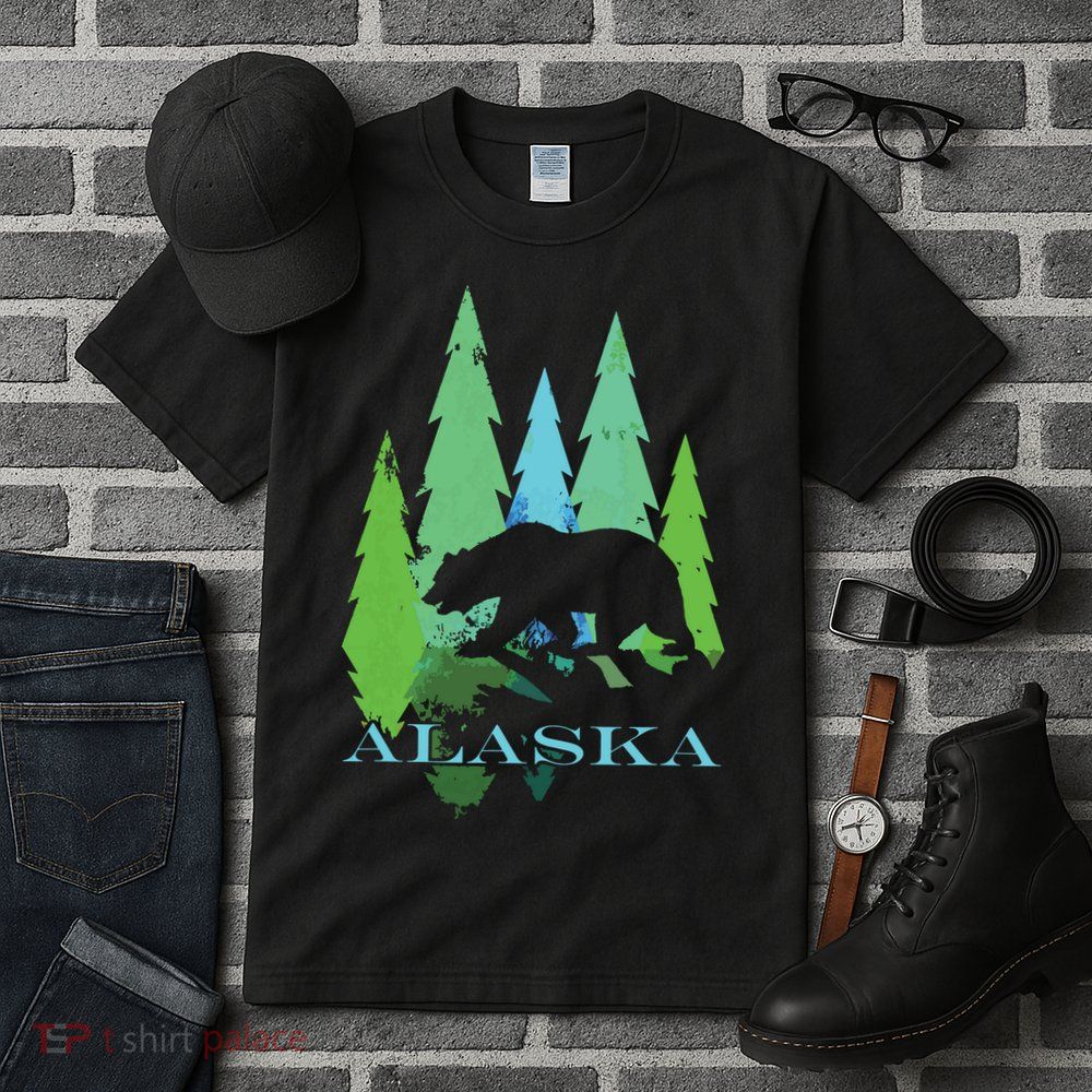 Alaska Alaskan Northern Light Trees With Bear Tall T-Shirt