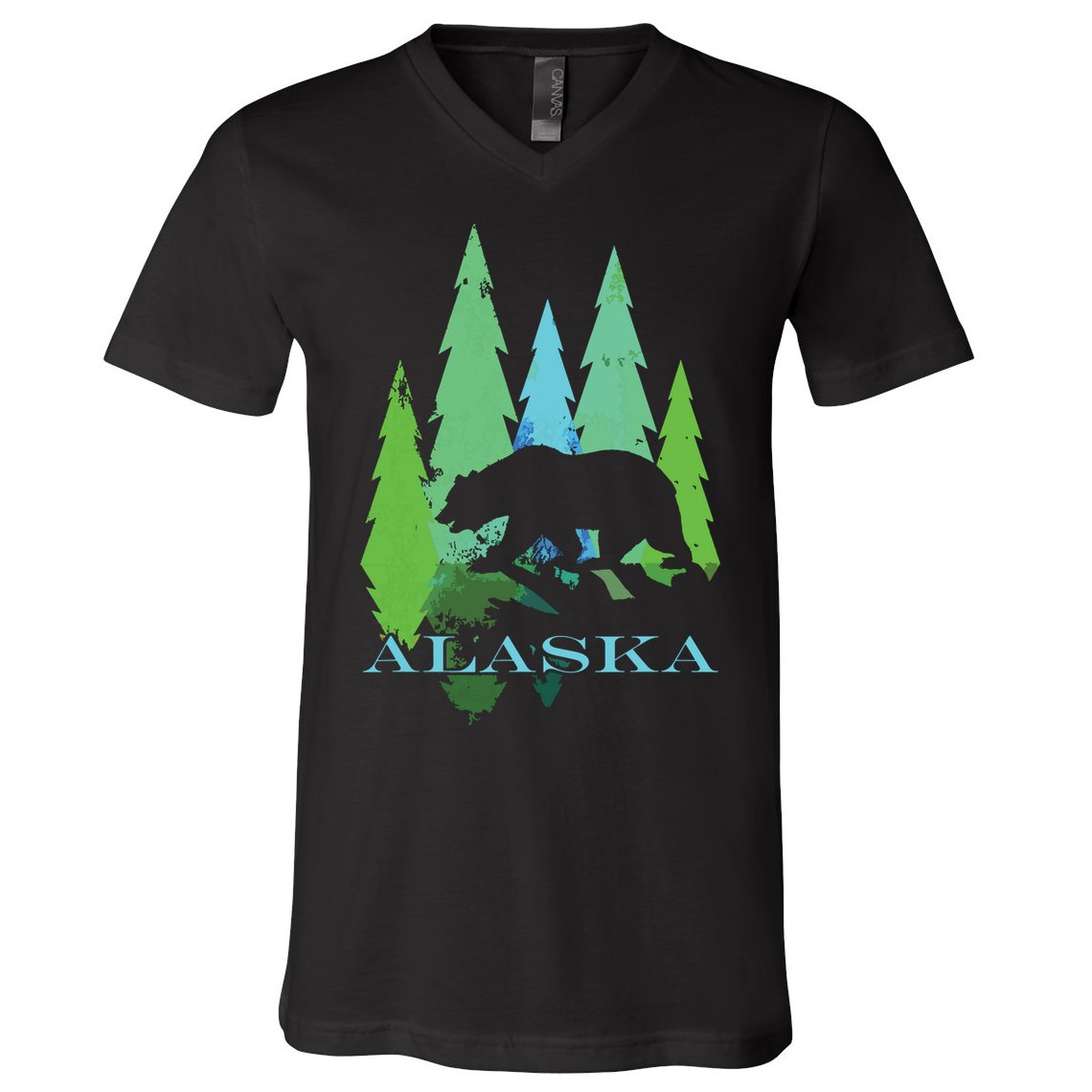 Alaska Alaskan Northern Light Trees With Bear V-Neck T-Shirt