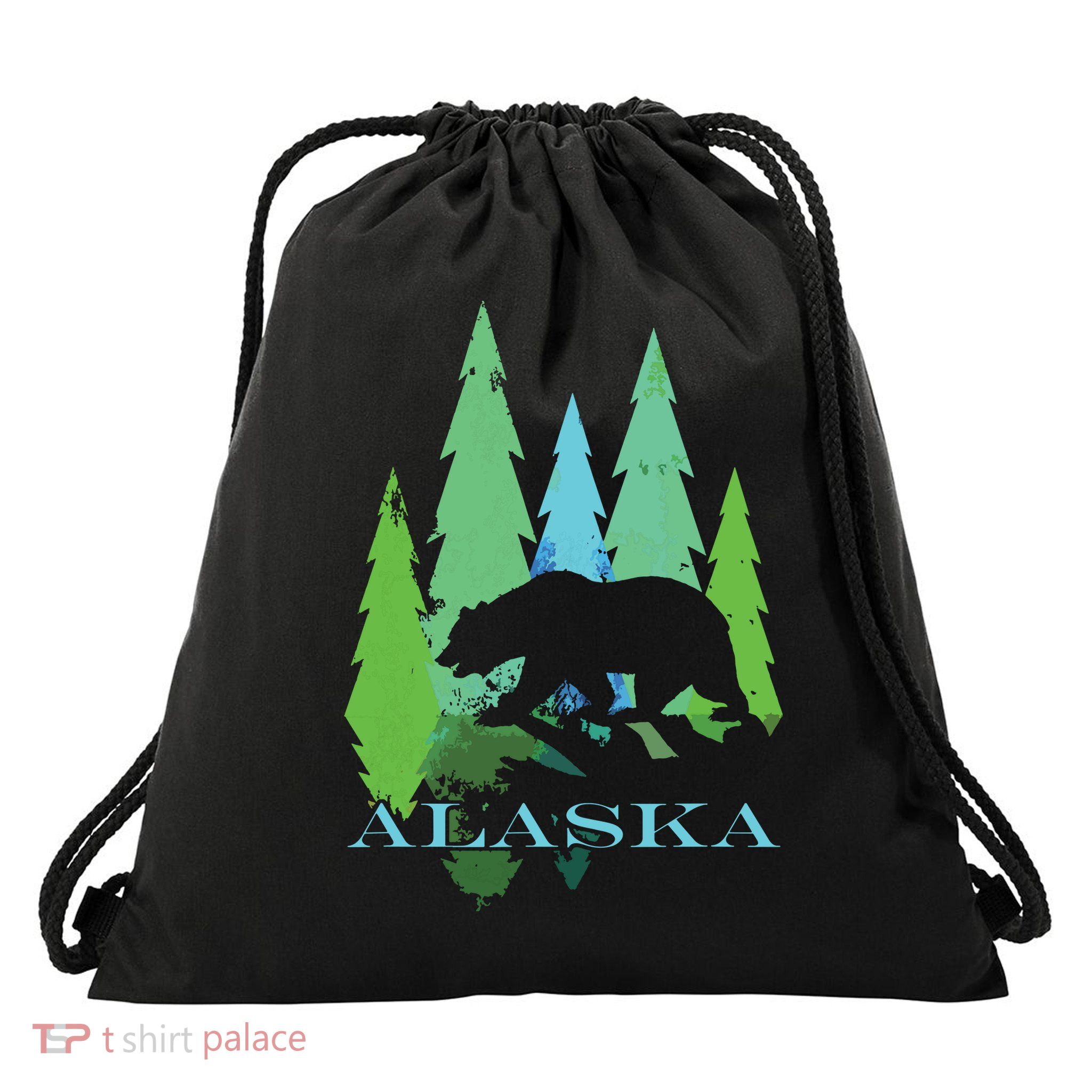 Alaska Alaskan Northern Light Trees With Bear Drawstring Bag