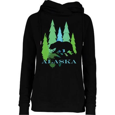 Alaska Alaskan Northern Light Trees With Bear Womens Funnel Neck Pullover Hood