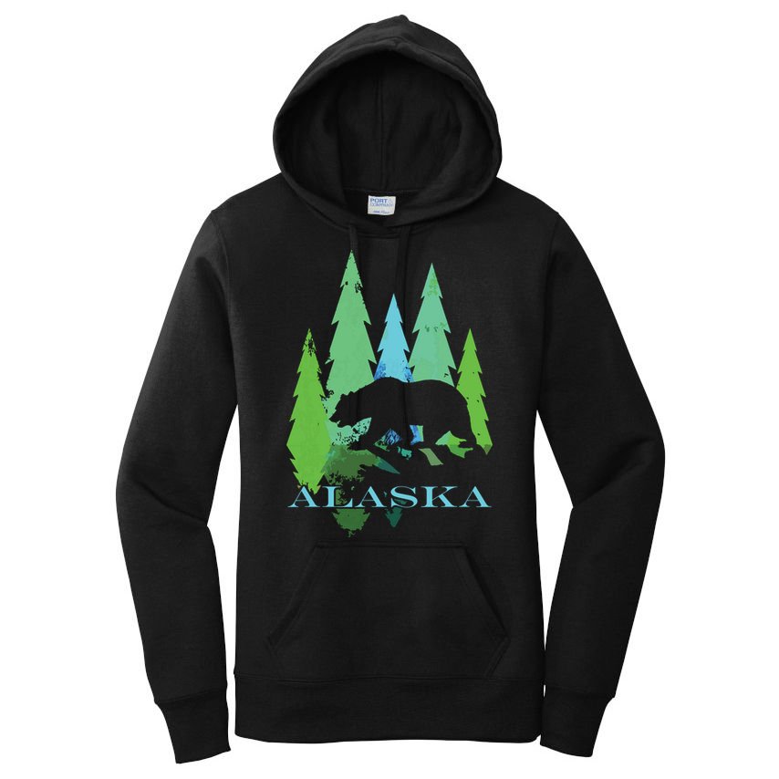 Alaska Alaskan Northern Light Trees With Bear Women's Pullover Hoodie
