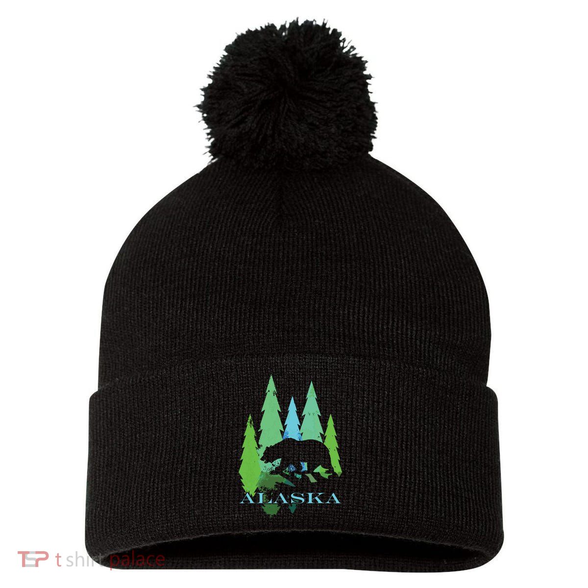 Alaska Alaskan Northern Light Trees With Bear Pom Pom 12in Knit Beanie