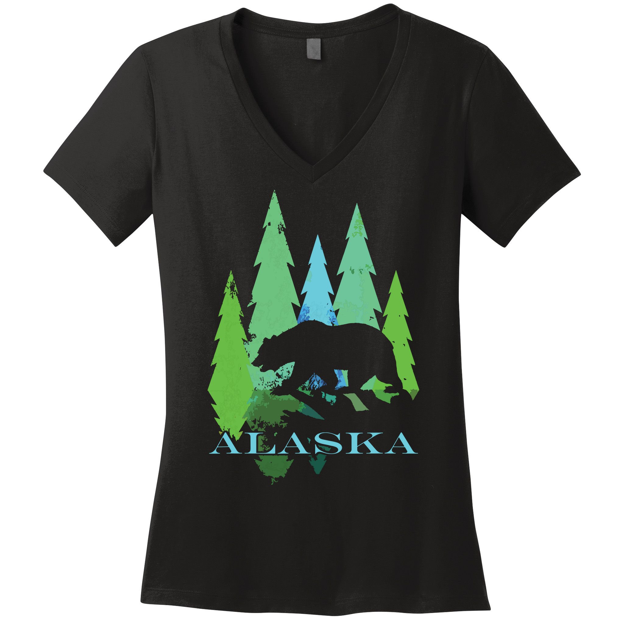 Alaska Alaskan Northern Light Trees With Bear Women's V-Neck T-Shirt