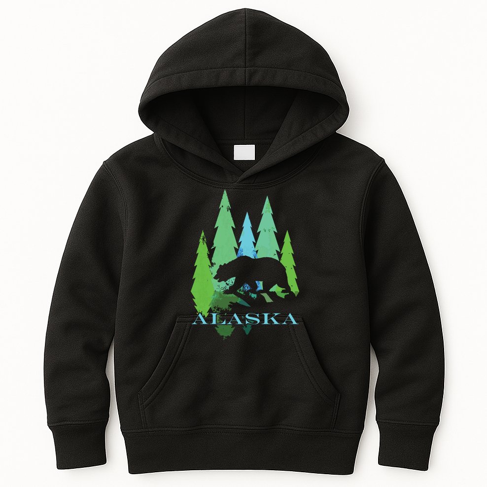 Alaska Alaskan Northern Light Trees With Bear Kids Hoodie