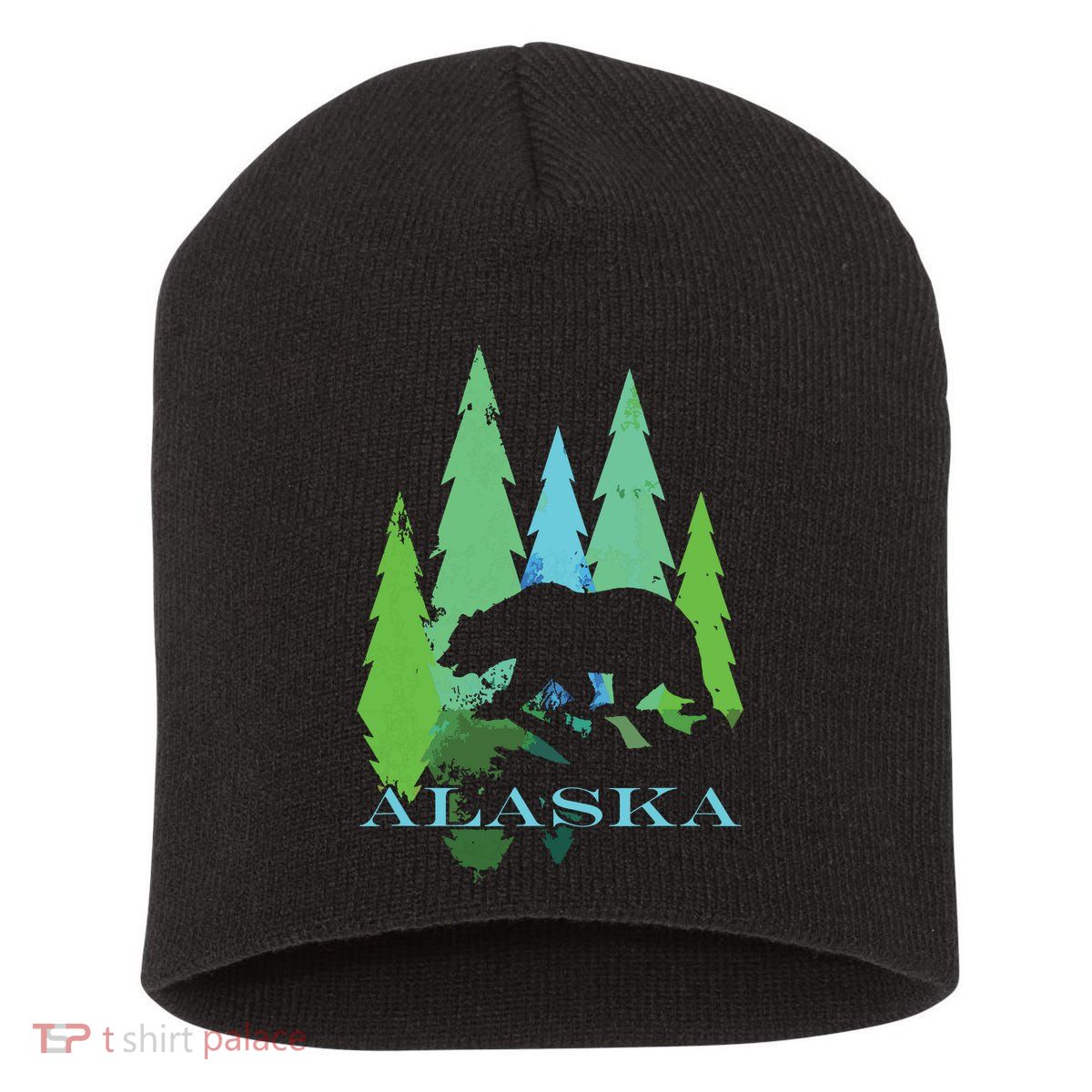 Alaska Alaskan Northern Light Trees With Bear Short Acrylic Beanie