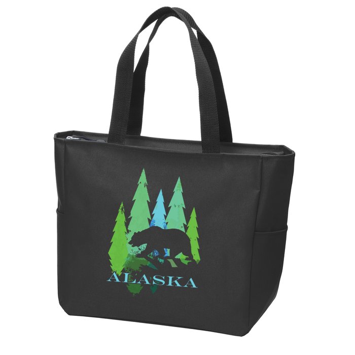 Alaska Alaskan Northern Light Trees With Bear Zip Tote Bag