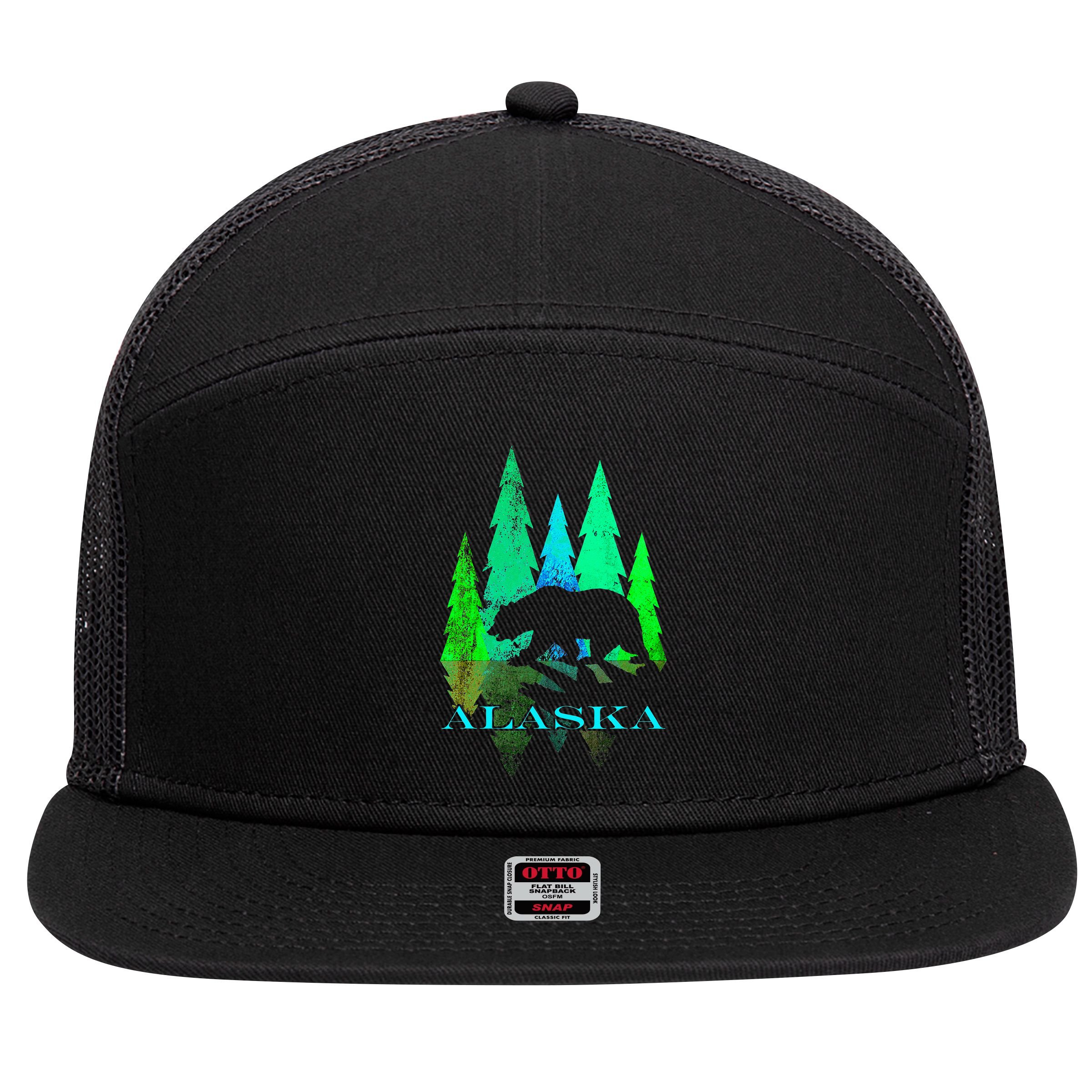 Alaska Alaskan Northern Light Trees With Bear 7 Panel Mesh Trucker Snapback Hat
