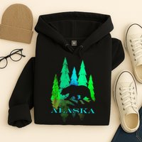 Alaska Alaskan Northern Light Trees With Bear Hoodie