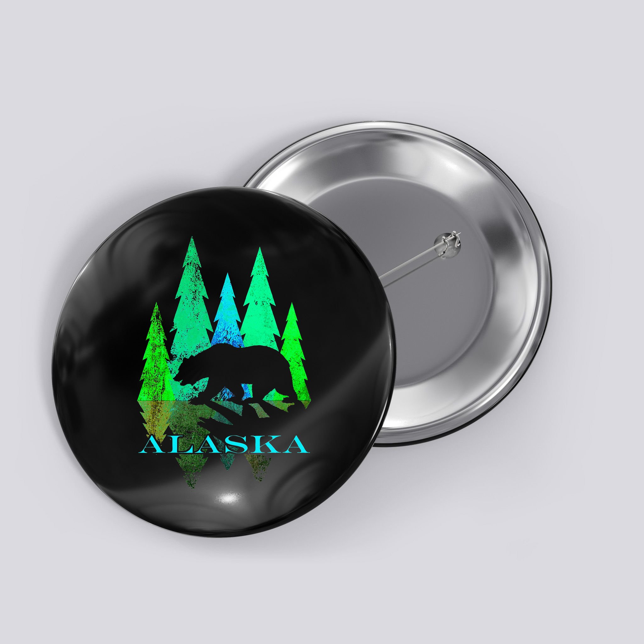 Alaska Alaskan Northern Light Trees With Bear Button