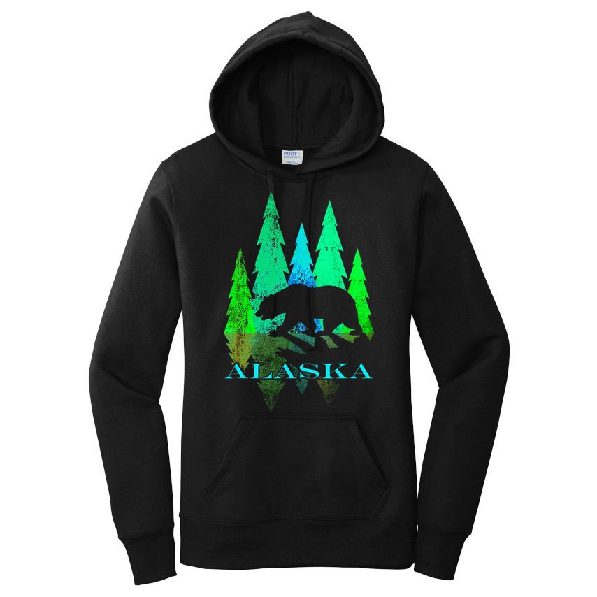 Alaska Alaskan Northern Light Trees With Bear Women's Pullover Hoodie