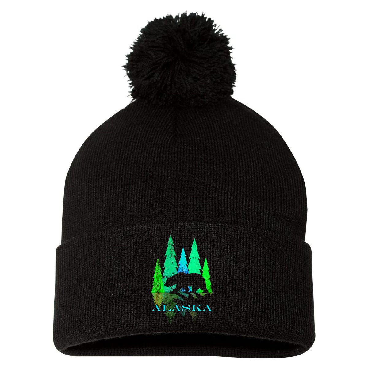 Alaska Alaskan Northern Light Trees With Bear Pom Pom 12in Knit Beanie