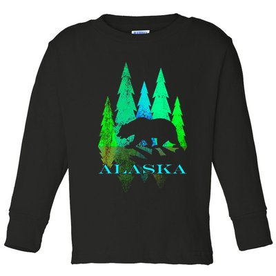 Alaska Alaskan Northern Light Trees With Bear Toddler Long Sleeve Shirt