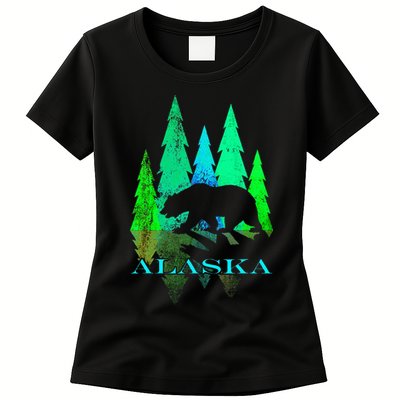 Alaska Alaskan Northern Light Trees With Bear Womens T-Shirt