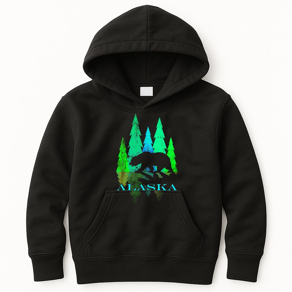 Alaska Alaskan Northern Light Trees With Bear Kids Hoodie