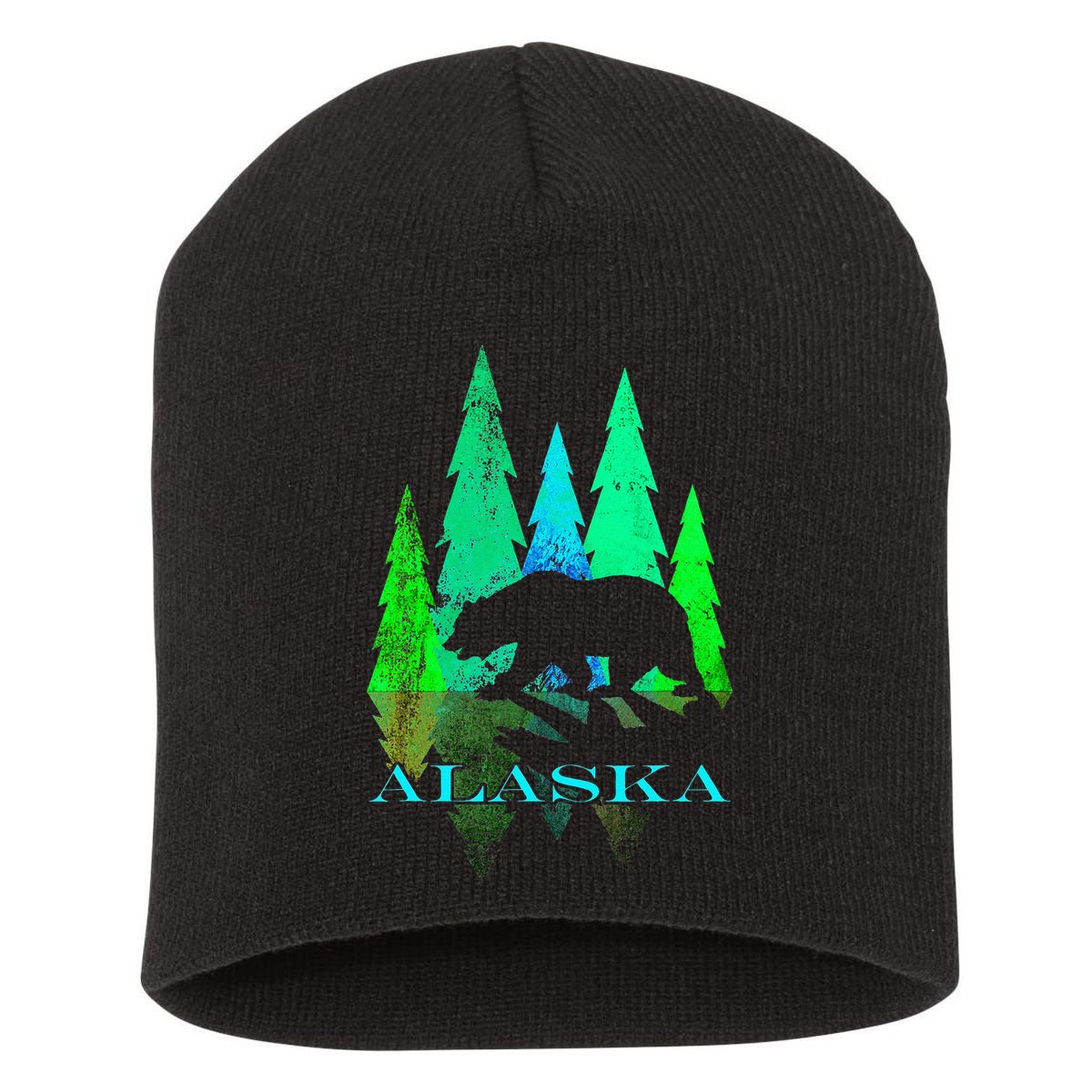 Alaska Alaskan Northern Light Trees With Bear Short Acrylic Beanie