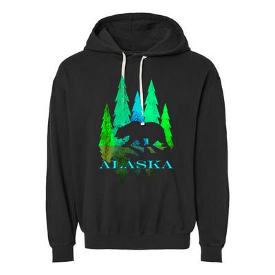 Alaska Alaskan Northern Light Trees With Bear Garment-Dyed Fleece Hoodie