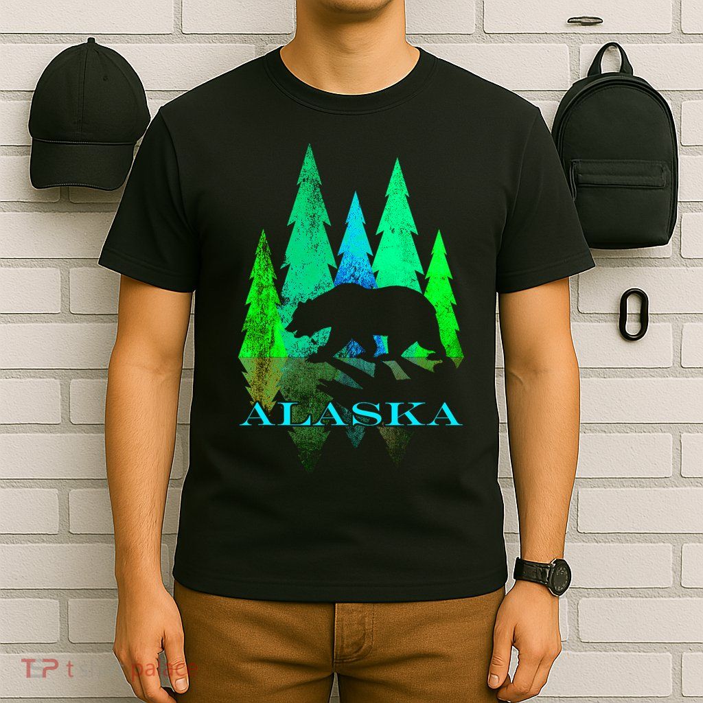 Alaska Alaskan Northern Light Trees With Bear T-Shirt
