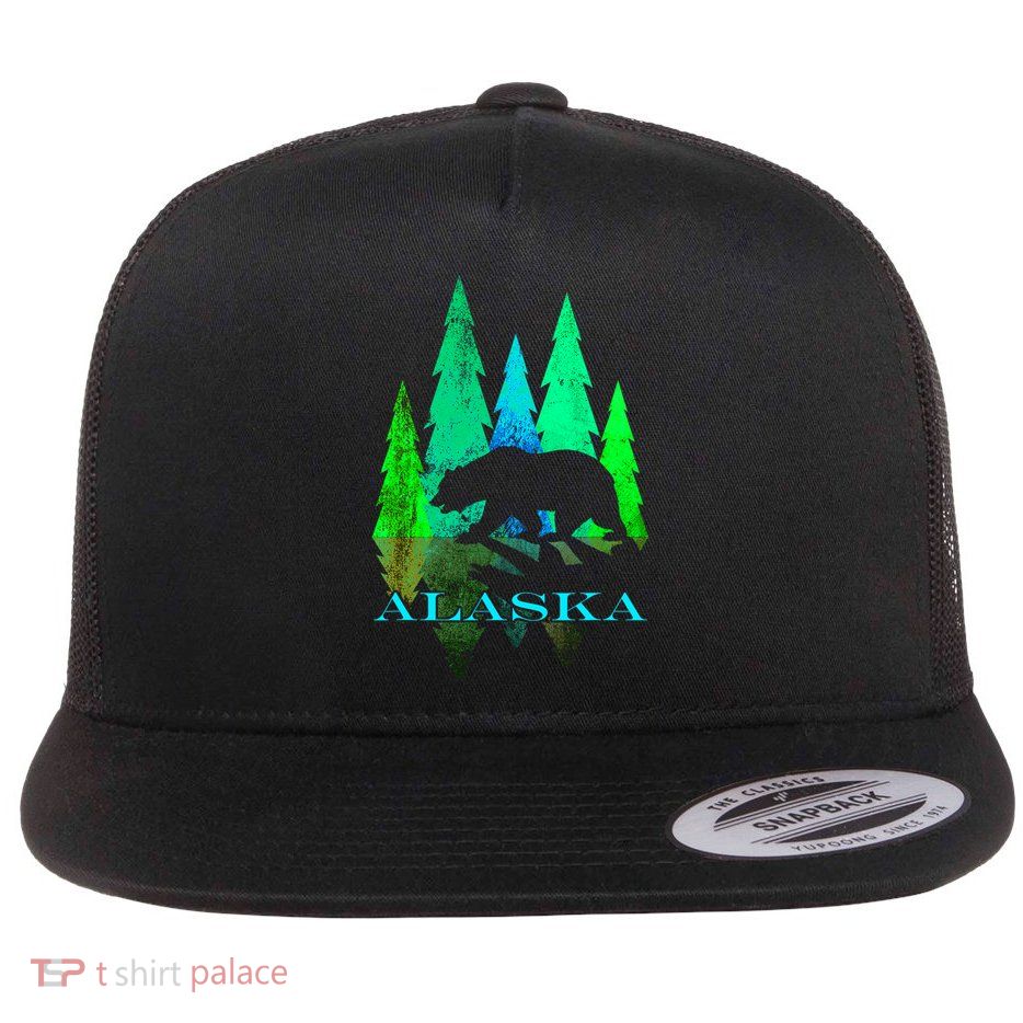 Alaska Alaskan Northern Light Trees With Bear Flatbill Hat