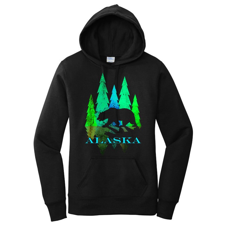 Alaska Alaskan Northern Light Trees With Bear Women's Pullover Hoodie