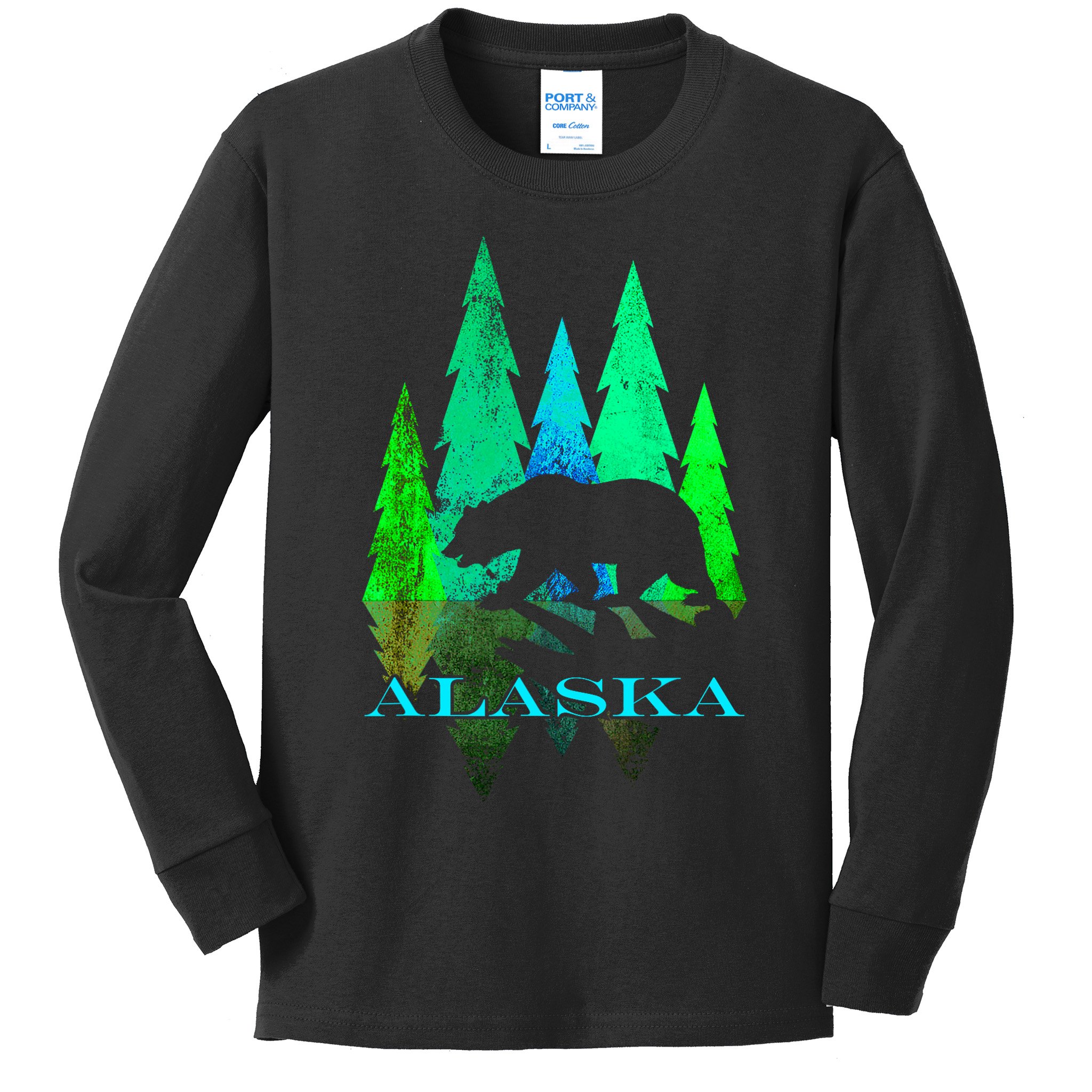 Alaska Alaskan Northern Light Trees With Bear Kids Long Sleeve Shirt