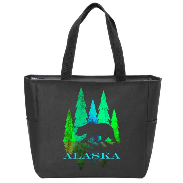 Alaska Alaskan Northern Light Trees With Bear Zip Tote Bag