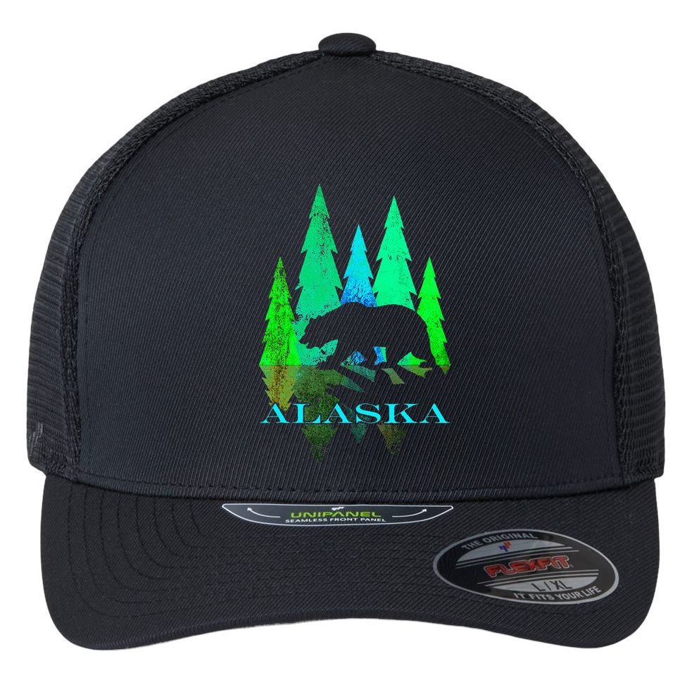 Alaska Alaskan Northern Light Trees With Bear Flexfit Unipanel Trucker Cap