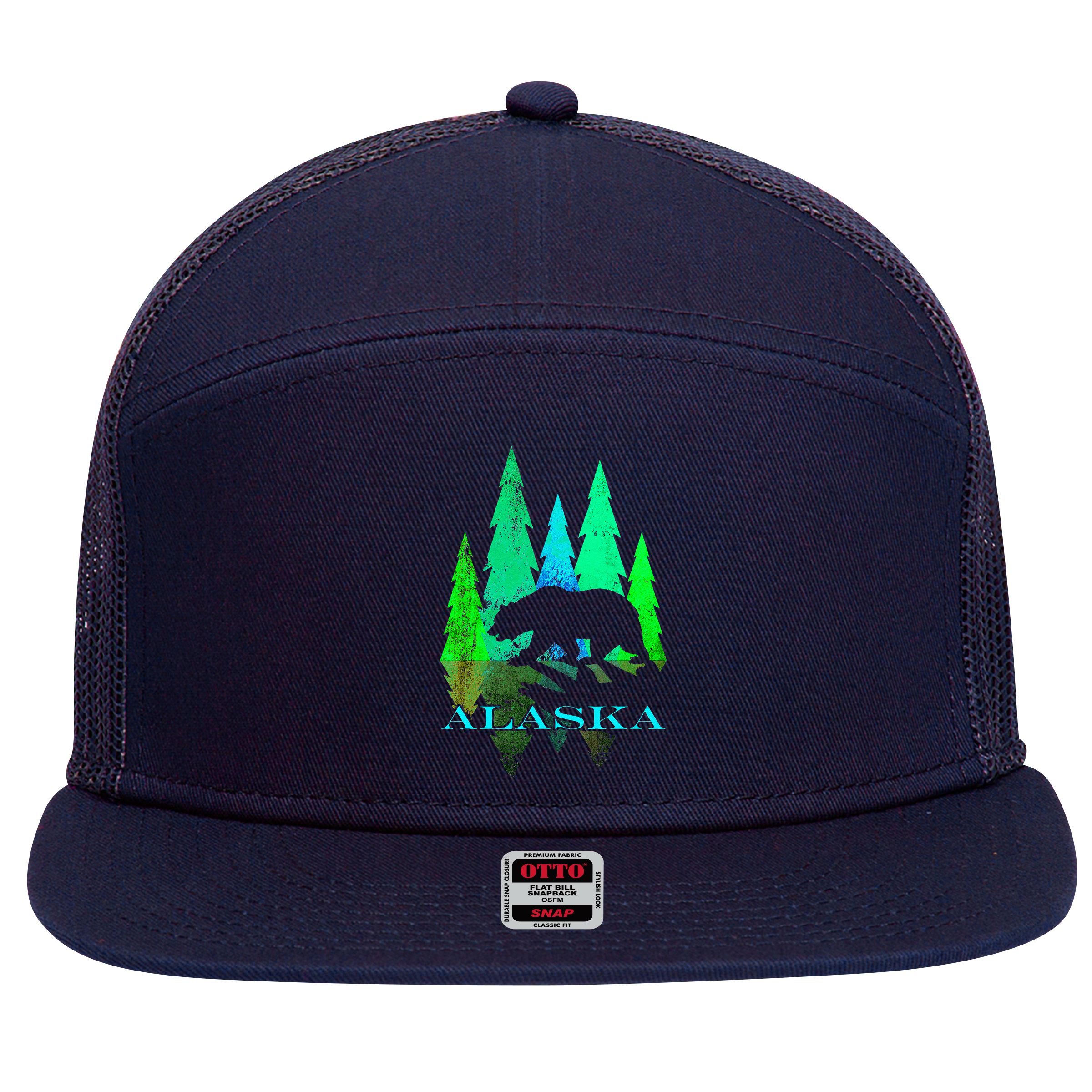 Alaska Alaskan Northern Light Trees With Bear 7 Panel Mesh Trucker Snapback Hat