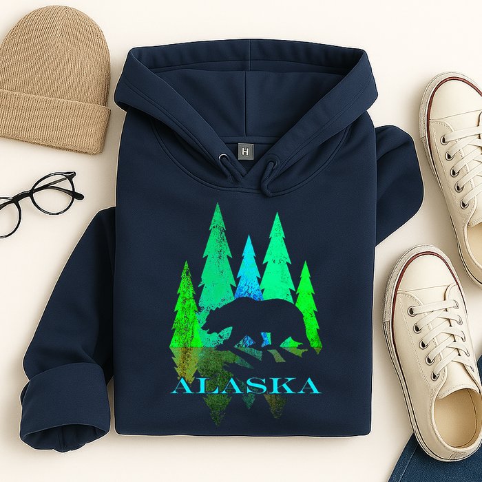 Alaska Alaskan Northern Light Trees With Bear Hoodie