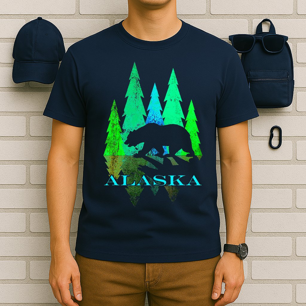 Alaska Alaskan Northern Light Trees With Bear T-Shirt