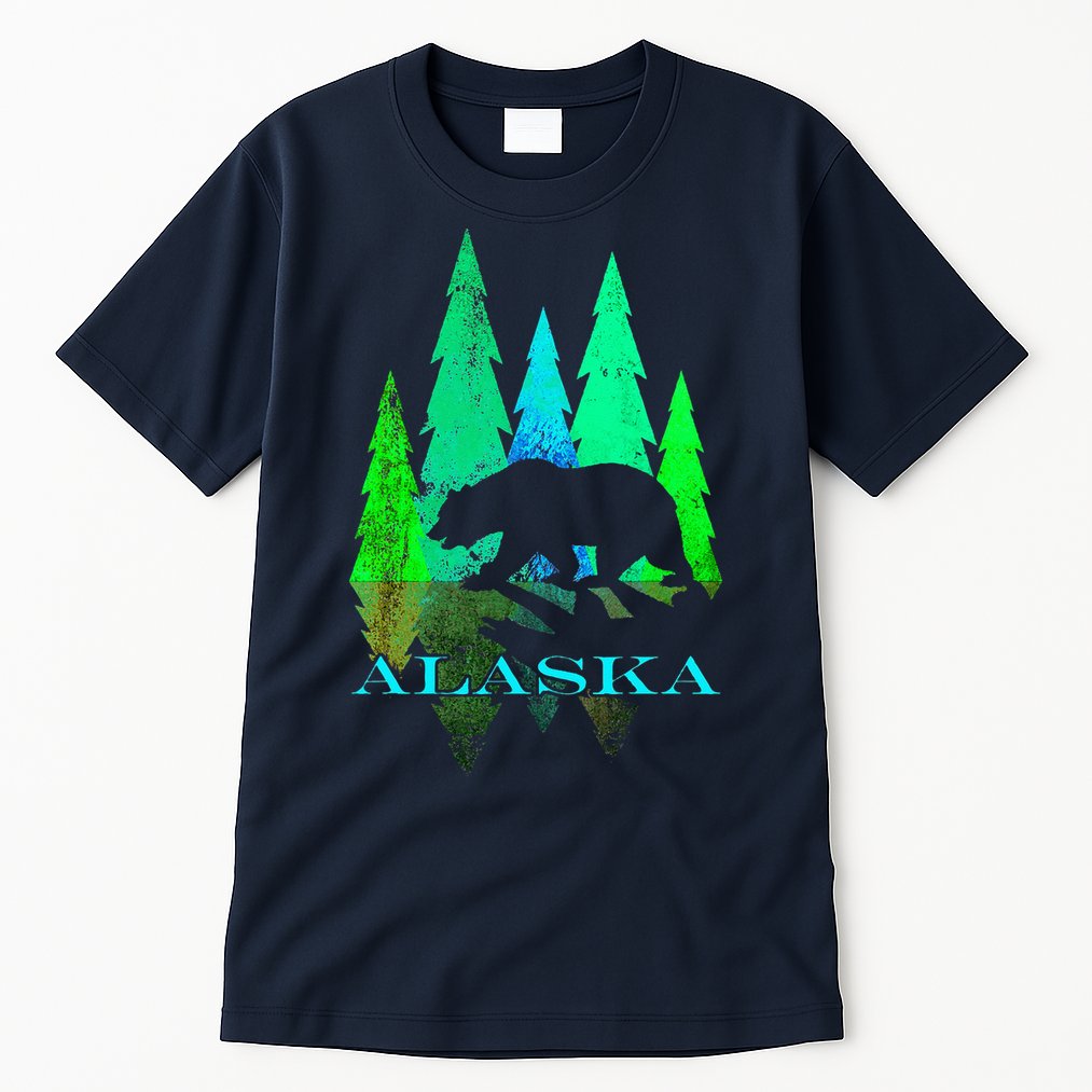 Alaska Alaskan Northern Light Trees With Bear Tall T-Shirt