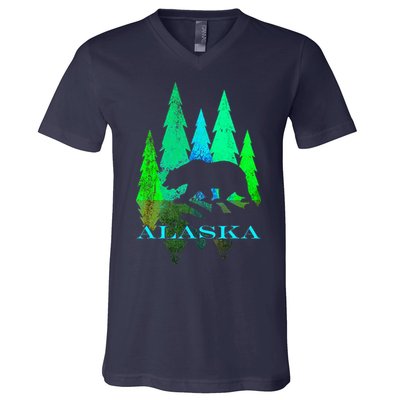 Alaska Alaskan Northern Light Trees With Bear V-Neck T-Shirt