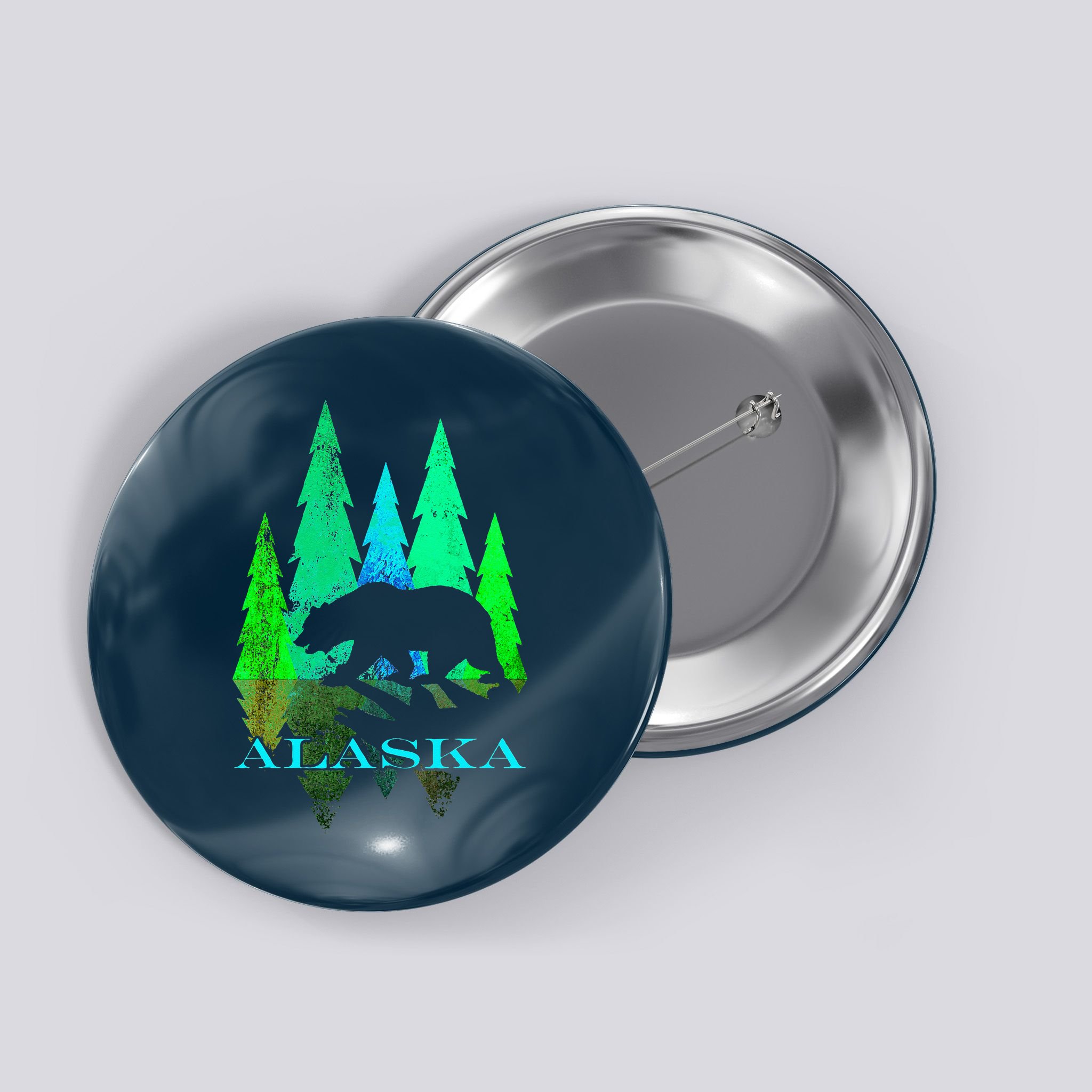 Alaska Alaskan Northern Light Trees With Bear Button