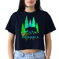 Alaska Alaskan Northern Light Trees With Bear Women's Crop Top Tee