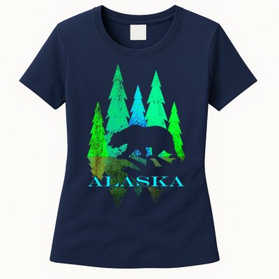 Alaska Alaskan Northern Light Trees With Bear Womens T-Shirt