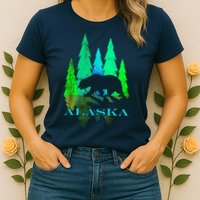 Alaska Alaskan Northern Light Trees With Bear Womens T-Shirt