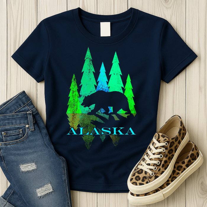 Alaska Alaskan Northern Light Trees With Bear Womens T-Shirt