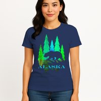 Alaska Alaskan Northern Light Trees With Bear Womens T-Shirt
