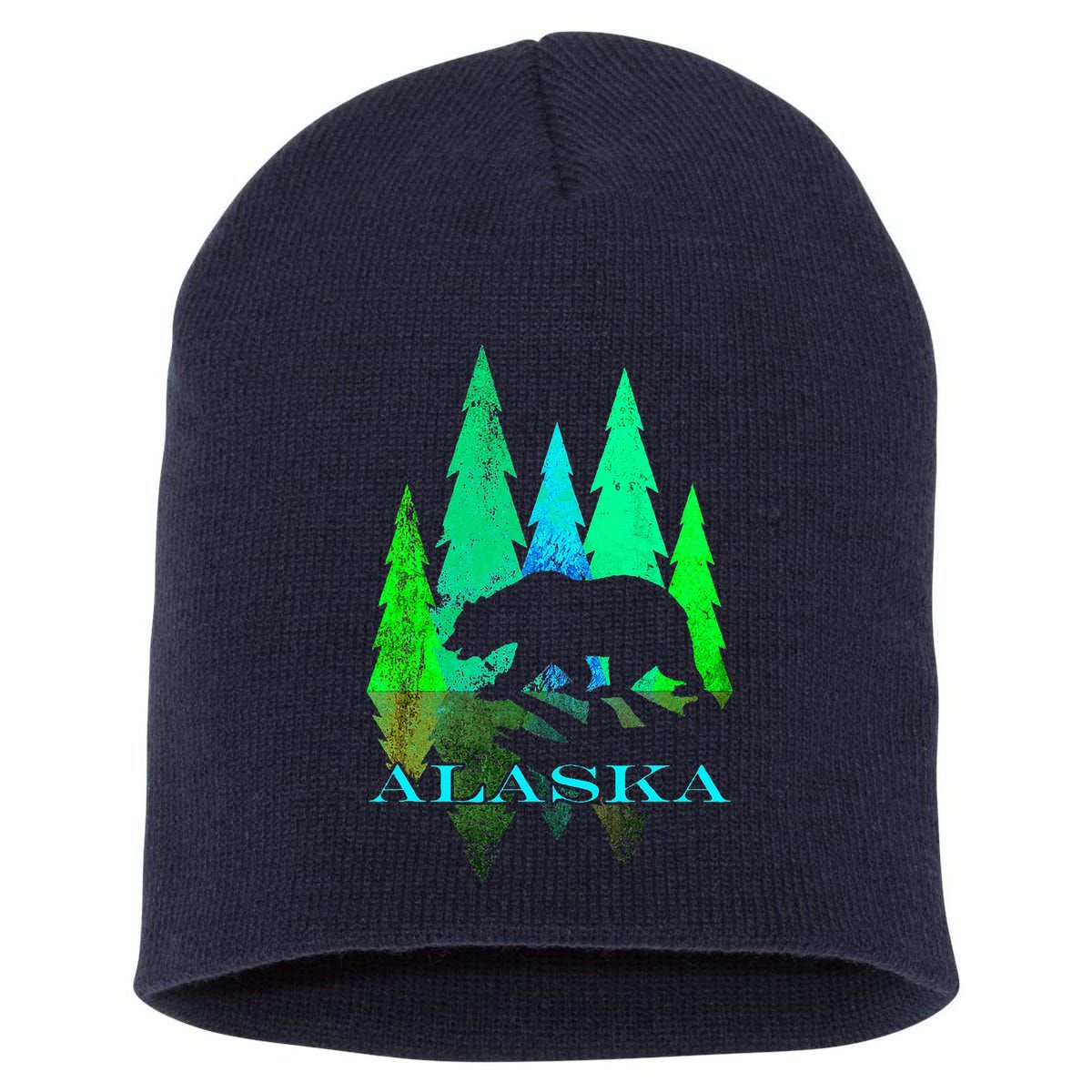 Alaska Alaskan Northern Light Trees With Bear Short Acrylic Beanie