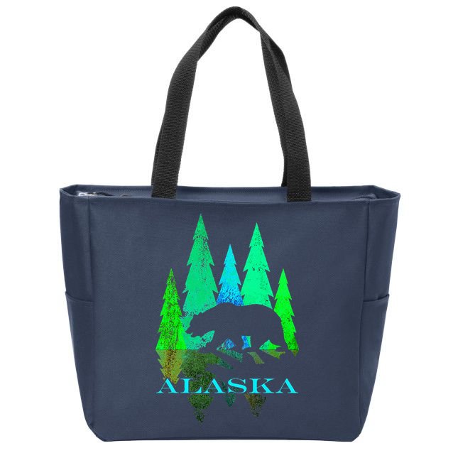 Alaska Alaskan Northern Light Trees With Bear Zip Tote Bag