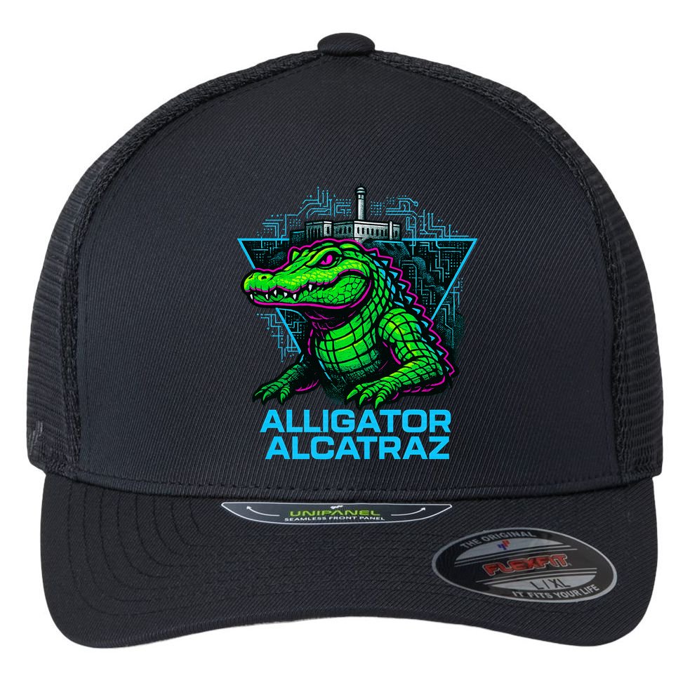 Alligator Alcatraz Neon Cityscape Flexfit Unipanel Trucker Cap